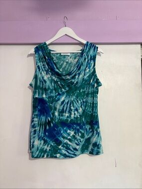 Calvin Klein Teal & Blue Tie-Dye Draped Neck Tank